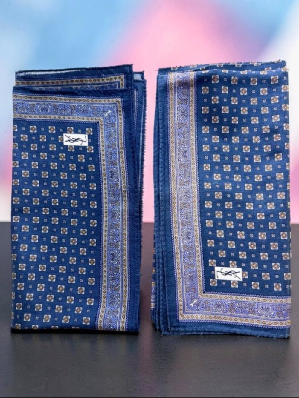 New  Set of 2 Yvest Saint Laurent Mens handkerchief 18" Blue Gray little red (88